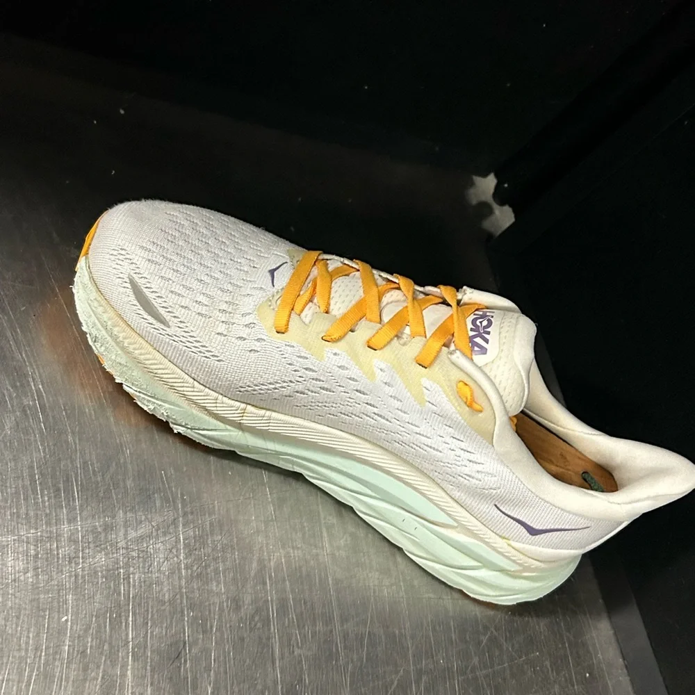 Hoka Women's White Sneakers with Yellow Laces and Purple Logo - Picture 5 of 11